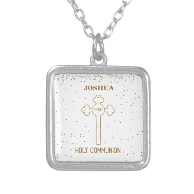 Custom Name First Holy Communion Gold Look Cross Silver Plated Necklace (Front)