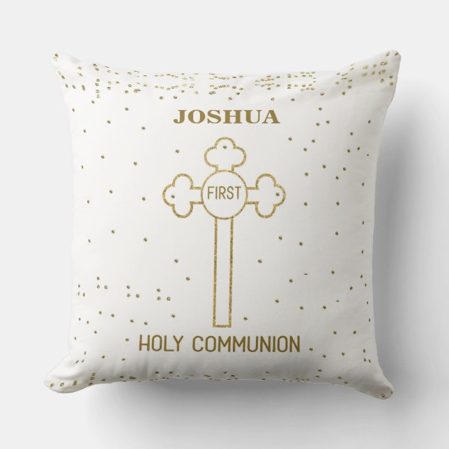 Custom Name First Holy Communion Gold Look Cross Throw Pillow (Front)