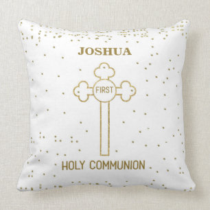 Custom Name First Holy Communion Gold Look Cross Throw Pillow