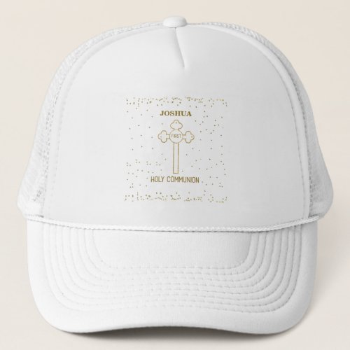 Custom Name First Holy Communion Gold Look Cross Trucker Hat