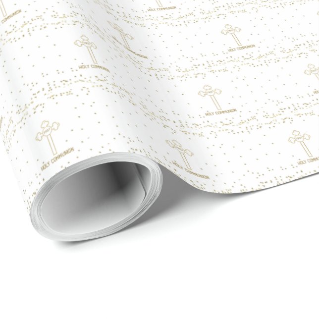 Custom Name First Holy Communion Gold Look Cross Wrapping Paper (Roll Corner)