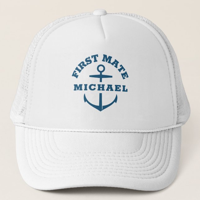 Custom Name First Mate Boat Anchor Navy Blue Hat (Front)
