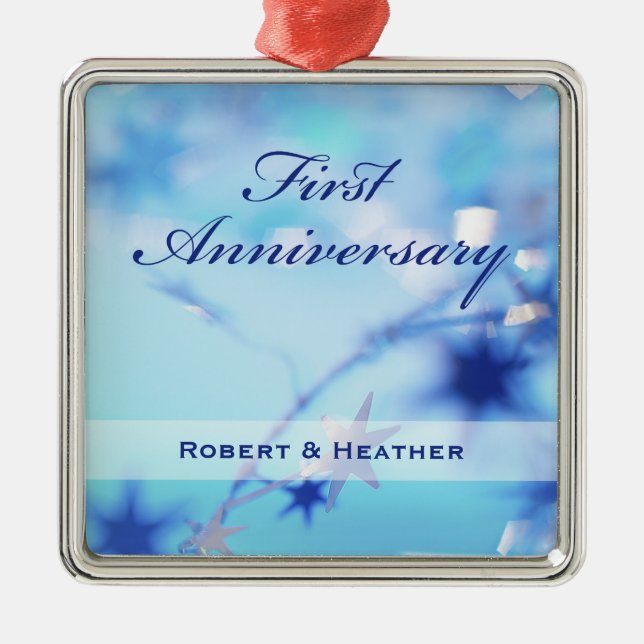 Custom Name, First Wedding Anniversary Sparkle Metal Ornament (Front)