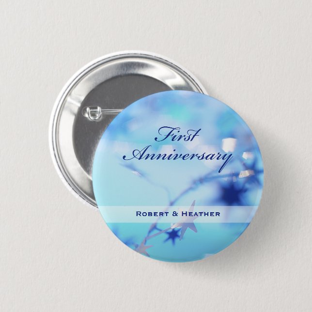 Custom Name, First Wedding Anniversary Sparkle Pinback Button (Front & Back)