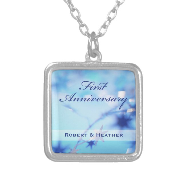 Custom Name, First Wedding Anniversary Sparkle Silver Plated Necklace (Front)
