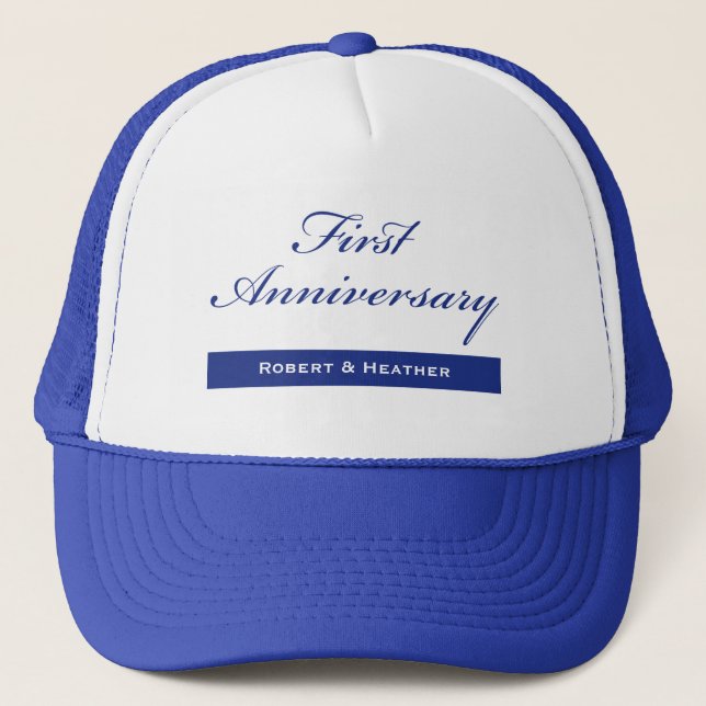 Custom Name, First Wedding Anniversary Sparkle Trucker Hat (Front)