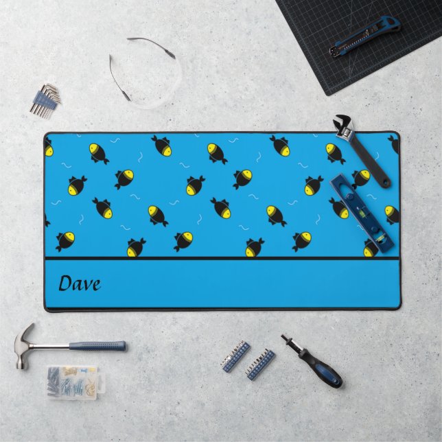 Custom name fishes pattern on blue desk mat (Workstation)