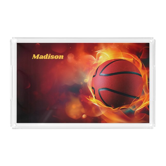 Custom Name Flaming Basketball Acrylic Tray (Front)