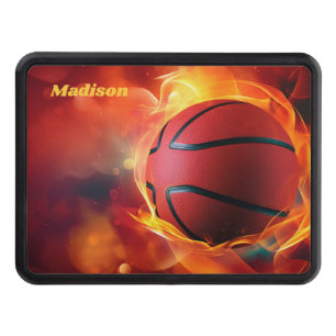 Custom Name Flaming Basketball Hitch Cover