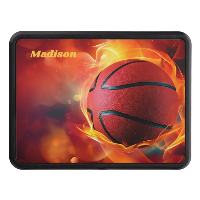 Custom Name Flaming Basketball Hitch Cover (Front)