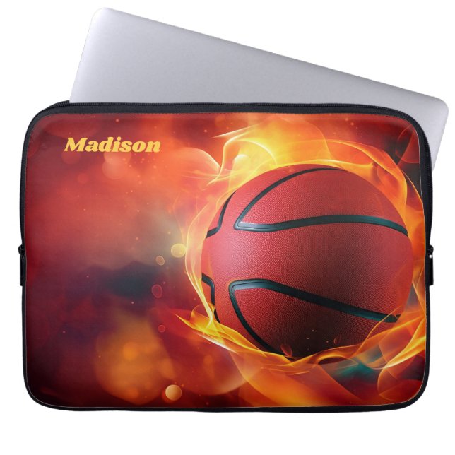 Custom Name Flaming Basketball Laptop Sleeve (Front)