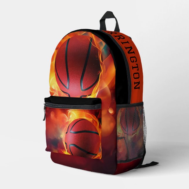 Custom Name Flaming Basketball Printed Backpack (Back Corner Right)