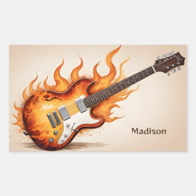 Custom Name Flaming Guitar Rectangular Sticker (Front)
