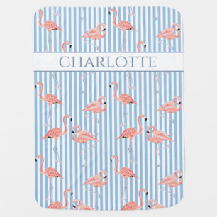 Custom Name Flamingo Blue Stripes Preppy Baby Blanket
