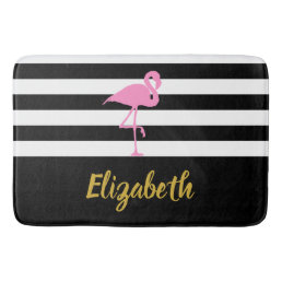 Custom Name Flamingo on Black and White Stripes Bath Mat