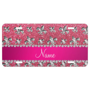 Custom name fleur de lis fuchsia pink glitter license plate