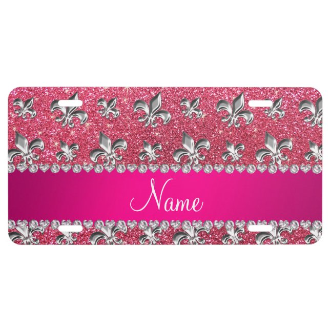 Custom name fleur de lis fuchsia pink glitter license plate (Front)