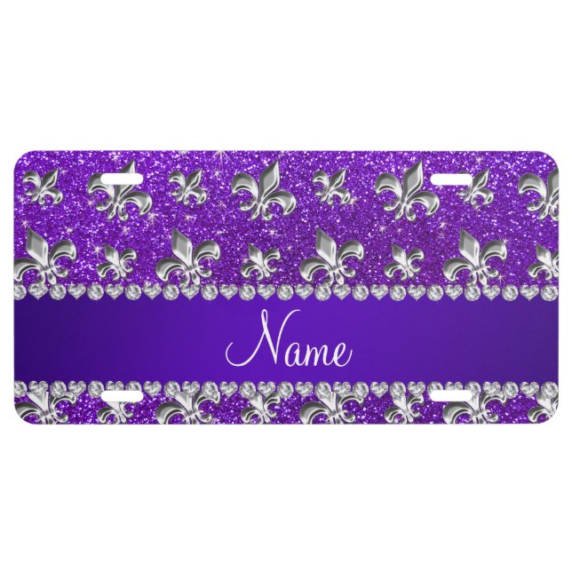 Custom name fleur de lis indigo purple glitter license plate (Front)