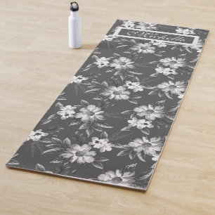 Custom Name Floral Black Gray White Yoga Mat