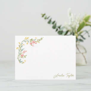 Custom Name Floral Border Watercolor Stationery Note Card