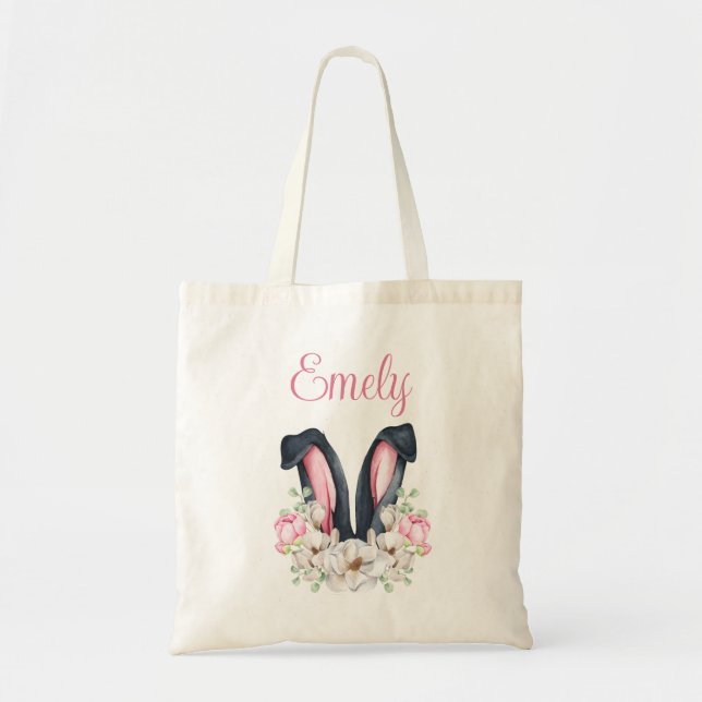 Custom Name Floral Bunny Ears Easter Tote Bag (Front)