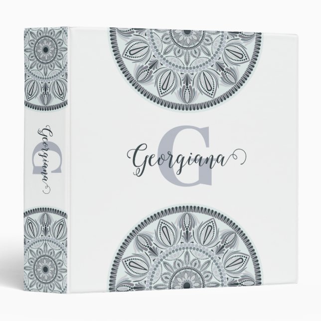 Custom Name Floral Harmony Gray Monotone Mandala 3 Ring Binder (Front/Spine)