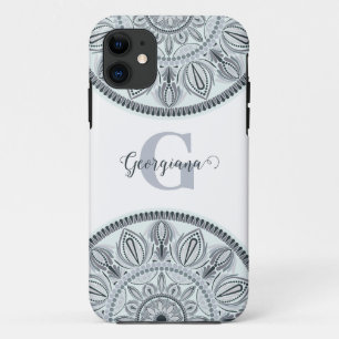 Custom Name Floral Harmony Gray Monotone Mandala iPhone 11 Case
