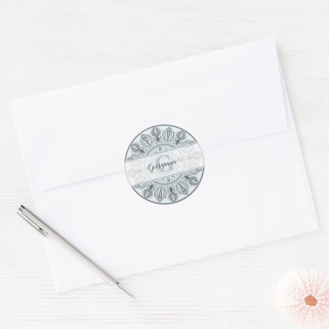 Custom Name Floral Harmony Gray Monotone Mandala Classic Round Sticker (Envelope)