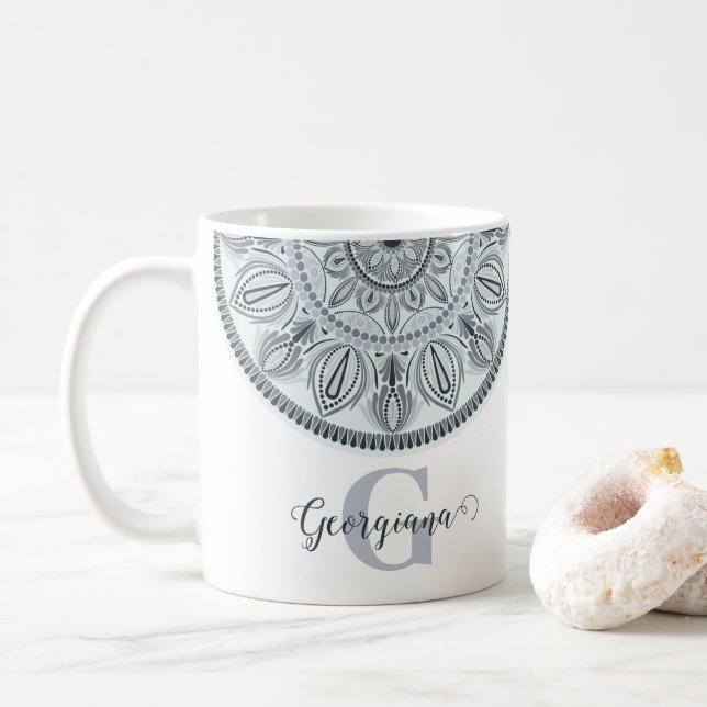Custom Name Floral Harmony Gray Monotone Mandala Coffee Mug (With Donut)