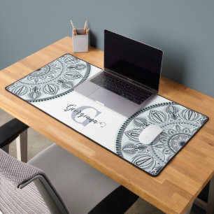 Custom Name Floral Harmony Gray Monotone Mandala Desk Mat