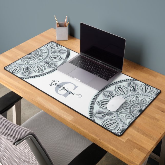 Custom Name Floral Harmony Gray Monotone Mandala Desk Mat (Office 2)