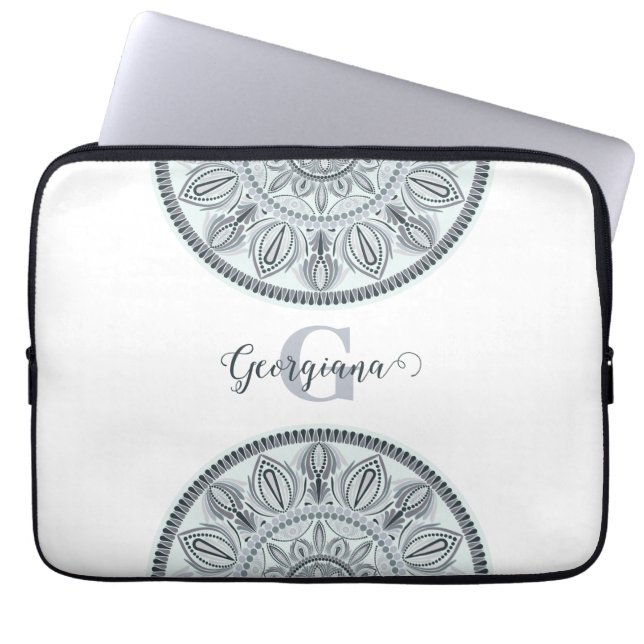 Custom Name Floral Harmony Gray Monotone Mandala Laptop Sleeve (Front)
