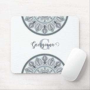 Custom Name Floral Harmony Gray Monotone Mandala Mouse Pad