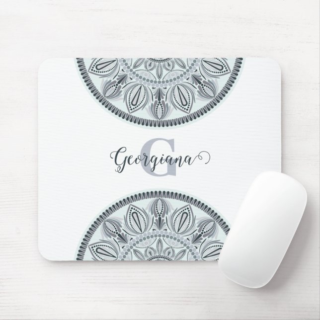 Custom Name Floral Harmony Gray Monotone Mandala Mouse Pad (With Mouse)