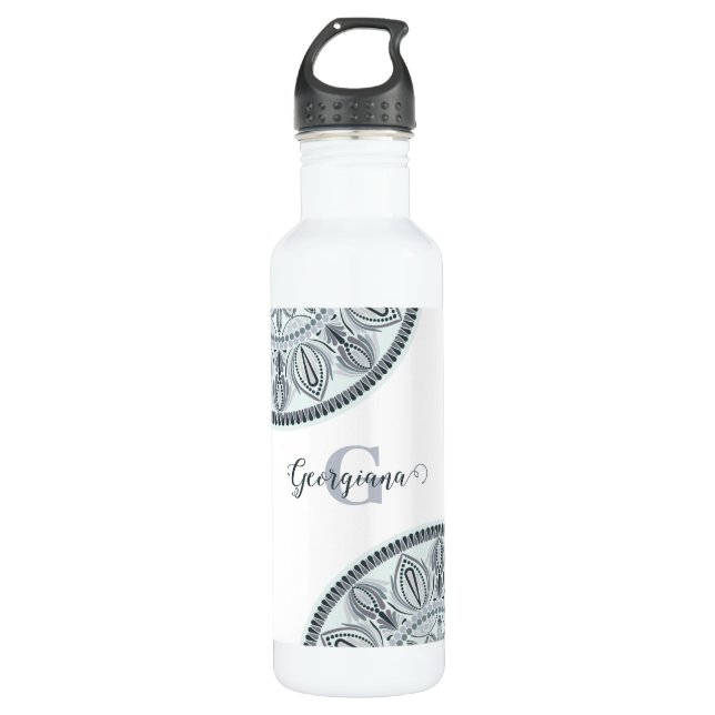 Custom Name Floral Harmony Gray Monotone Mandala Stainless Steel Water Bottle (Front)