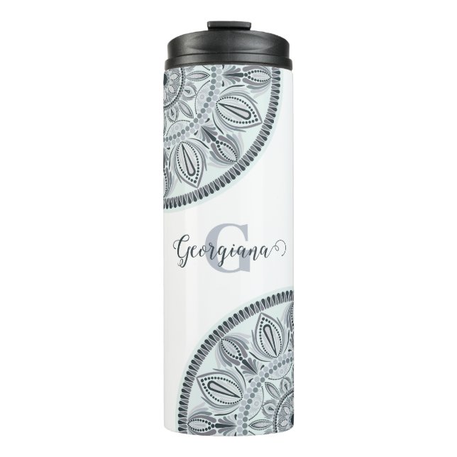Custom Name Floral Harmony Gray Monotone Mandala Thermal Tumbler (Front)