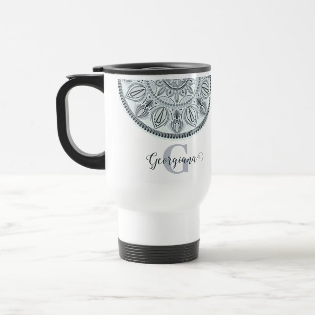Custom Name Floral Harmony Gray Monotone Mandala Travel Mug (Left)