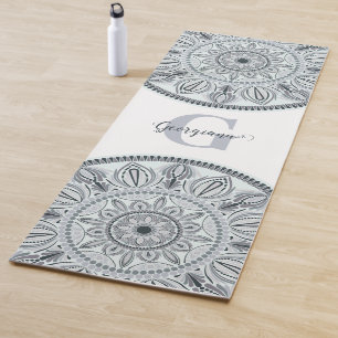 Custom Name Floral Harmony Gray Monotone Mandala Yoga Mat