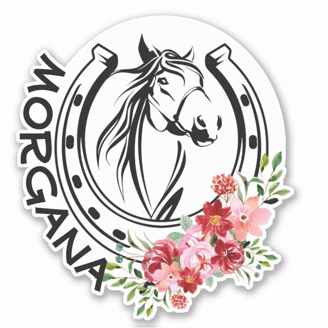 Custom Name Floral Horse Horseshoe Sticker (Front)