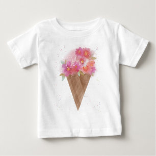 Custom Name Floral Ice Cream Cone Baby T-Shirt
