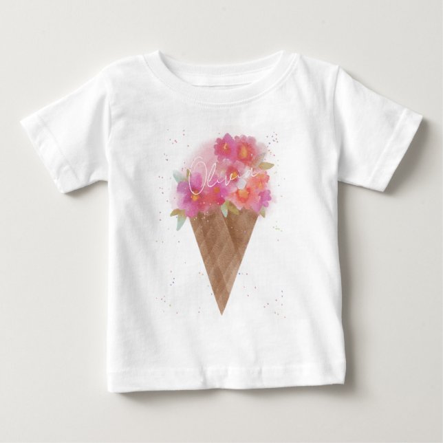 Custom Name Floral Ice Cream Cone  Baby T-Shirt (Front)
