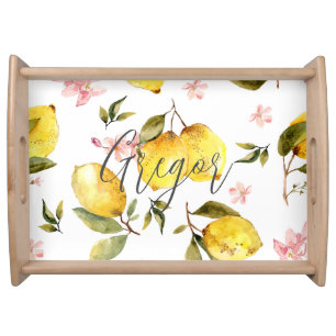 Custom Name Floral Lemon Tuscany Style Serving Tray