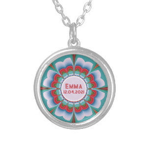 Custom Name Floral Mandala Birth Date Art Silver Plated Necklace