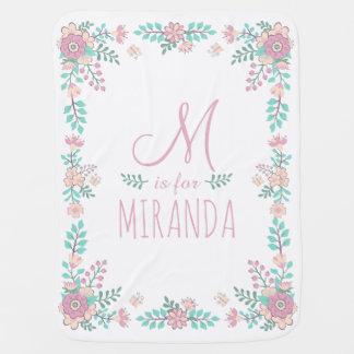 Custom Name Floral Monogram Baby Girl Blanket