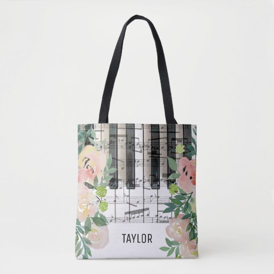 custom name floral music notes piano tote bag