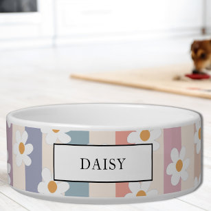 Custom Name Floral Pastel Stripes Pet Bowl