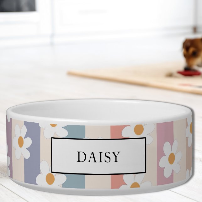 Custom Name Floral Pastel Stripes Pet Bowl (Creator Uploaded)