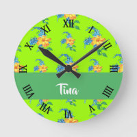 Custom name floral pattern on green round clock