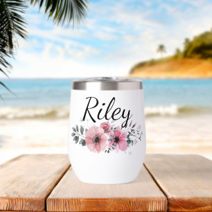 Custom Name Floral Personalized Pink Flower Thermal Wine Tumbler