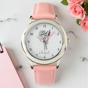 Custom Name Floral Pink For Girls Watch